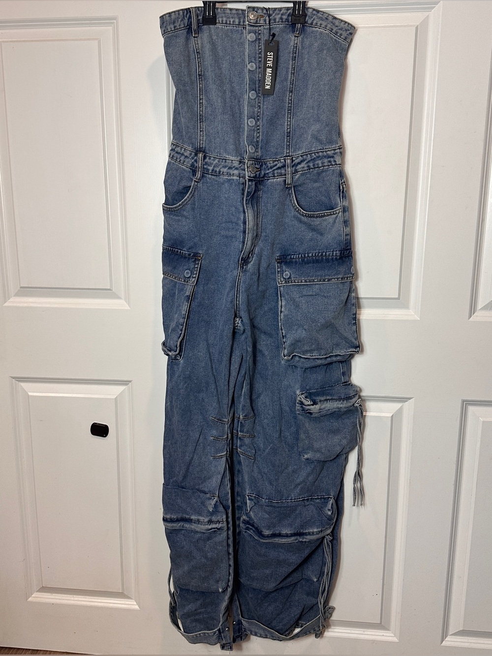 Steve Madden Duo Denim Zara Blue Denim Strapless Jumpsuit - Picture 2 of 14